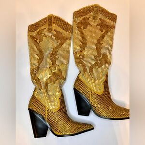 Western Rhinestone Embelished Knee High Boots. Gold Gemstone Studded Iridescent